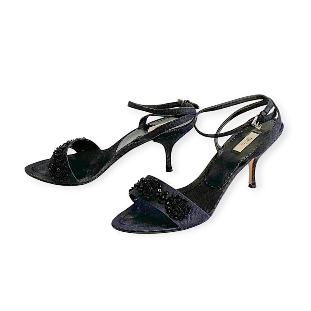 Prada denim ankle strap heeled sandal with black beading, size 38 EU